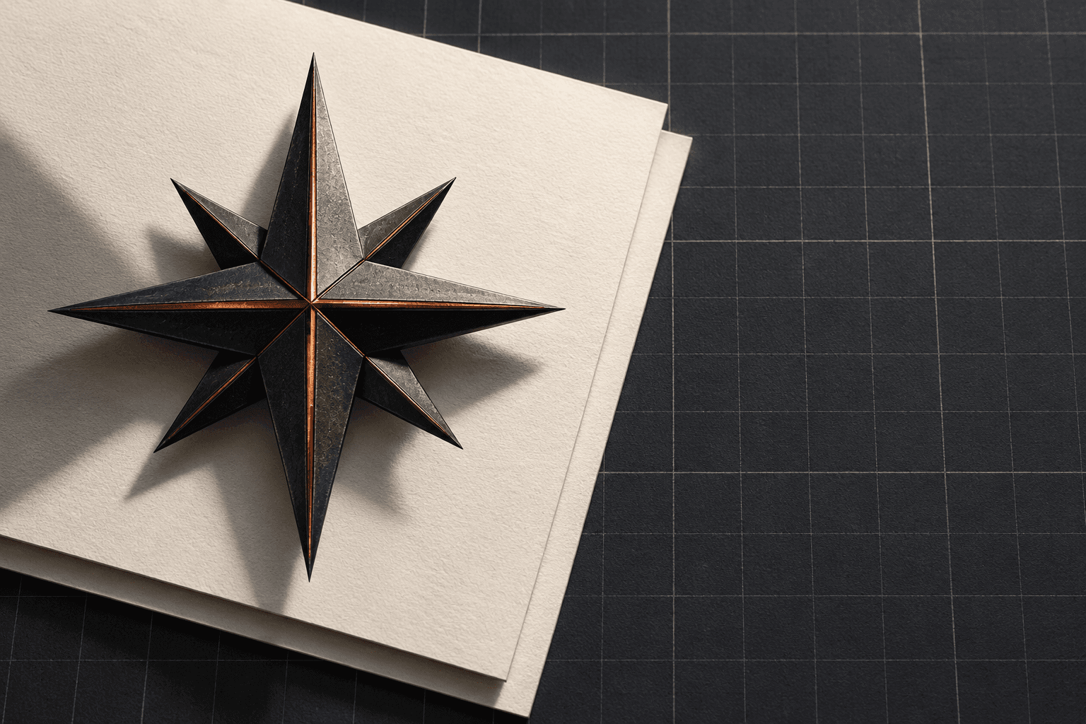 A dark metal eight-point compass star with copper inlay resting on cream paper over a graphite grid.